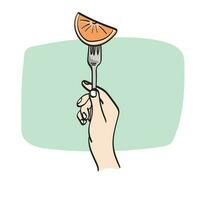 fermer main en portant fourchette avec pièce de Orange illustration vecteur main tiré isolé sur blanc Contexte ligne art.