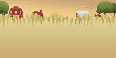 le coucher du soleil à rural ferme et village paysage vecteur illustration avec Vide espace. blé champ plat conception pour éco ou du quotidien des produits publicité.