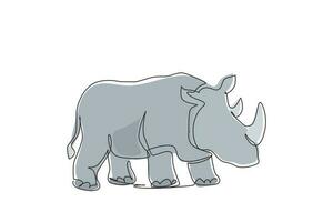 une seule ligne continue dessinant un rhinocéros fort pour l'identité du logo du parc national de conservation. mascotte d'animal de rhinocéros africain pour le safari du zoo national. une ligne dessiner illustration vectorielle de conception graphique vecteur