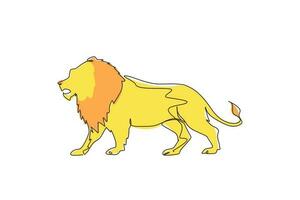 une seule ligne continue dessinant un lion fort debout tout le corps, roi de la jungle. forte mascotte de mammifère félin. logo animal dangereux de gros chat. dynamique une ligne dessiner illustration vectorielle de conception graphique vecteur