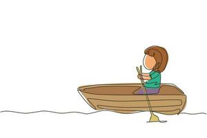 une ligne continue dessinant une jolie petite fille à cheval sur un bateau à la rivière. enfants à cheval sur un bateau en bois. barque pour enfants sur le lac. pédalo pour enfants heureux. illustration graphique vectorielle de conception à une seule ligne vecteur