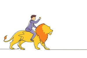 dessin au trait continu homme d'affaires chevauchant le symbole du lion du succès. concept de métaphore d'entreprise, regardant l'objectif, la réalisation, le leadership. entrepreneur professionnel. vecteur de conception de dessin à une seule ligne