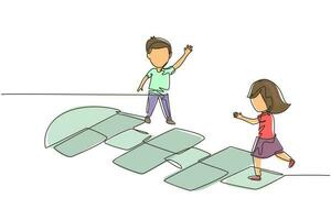 une seule ligne continue dessinant une petite fille et un garçon jouant à la marelle dans la cour de la maternelle. enfants heureux sautillant sur l'aire de jeux. terrain de hop scotch dessiné à la craie. une ligne dessiner vecteur de conception graphique