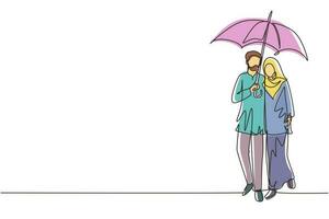 dessin en ligne continue unique couple arabe homme femme, fille et garçon marchant tenant un parapluie sous la pluie souriant étreignant. couple romantique par temps d'automne pluvieux. une ligne dessiner vecteur de conception graphique