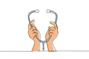 une ligne continue dessinant des antécédents médicaux avec les mains tenant un stéthoscope. mains du médecin levées et tenant le stéthoscope en gros plan. aide médicale. illustration graphique vectorielle de conception de dessin à une seule ligne vecteur