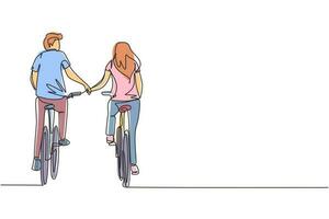 une seule ligne dessinant un couple heureux faire du vélo dans le pré vers la caméra et se tenir la main. jeune homme et femme amoureux. heureux couple marié romantique. vecteur graphique de conception de dessin en ligne continue