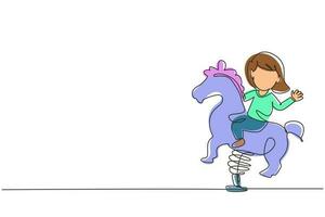 une seule ligne dessinant une petite fille à cheval dans l'aire de jeux du parc. enfants à cheval jouet à bascule. fille heureuse à cheval se balançant à bascule. illustration vectorielle graphique de conception de ligne continue vecteur