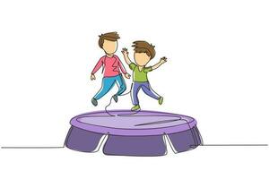 une seule ligne dessinant deux garçons souriants sautant ensemble sur le trampoline. enfants heureux sautant sur un trampoline rond. jeux de plein air pour enfants actifs. illustration vectorielle graphique de conception de dessin en ligne continue vecteur