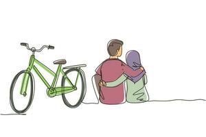 une seule ligne dessinant la vue arrière d'un couple romantique d'adolescents assis à l'extérieur avec un vélo à côté d'eux. homme arabe et femme amoureuse. heureux couple marié. vecteur graphique de conception de dessin en ligne continue