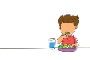 un seul dessin au trait garçon mangeant un petit-déjeuner sain le matin. un enfant heureux mange de la nourriture délicieuse avec du lait à la maison. écolier appréciant le plat. illustration vectorielle graphique de conception de dessin en ligne continue vecteur