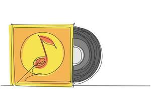 une ligne continue dessinant un disque vinyle réaliste avec une maquette de couverture. typographie avec casque et onde sonore. recueil de musique. vue de face. illustration graphique vectorielle de conception de dessin à une seule ligne vecteur