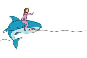 une seule ligne dessinant une femme d'affaires courageuse chevauchant un énorme requin dangereux. personnage féminin entrepreneur professionnel. femme d'affaires prospère. illustration vectorielle graphique de conception de dessin en ligne continue vecteur