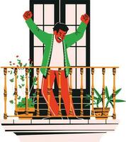 content Jeune homme avec élevé mains permanent sur balcon. vecteur illustration.