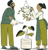 vecteur illustration de une homme et une femme arrosage une plante dans une pot. environnement journée