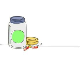 bouteille de pilules à dessin en ligne continue unique. contenant de capsules médicales. pilules comprimés médicaments médicaux pharmacie soins et pilules comprimés antibiotiques pharmaceutiques. dynamique une ligne dessiner vecteur de conception graphique
