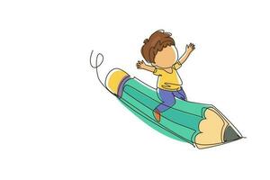 une seule ligne dessinant un garçon heureux assis sur un crayon volant, préparez-vous pour étudier. enfants à cheval à l'arrêt. retour à l'école ou concept de pensée créative. graphique de conception de dessin de ligne continue moderne vecteur