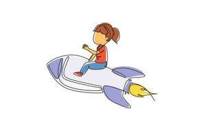une seule ligne dessinant une fille heureuse est assise sur une fusée volante. enfant d'âge préscolaire. enfants assis sur une fusée. retour à l'école. notion éducative. illustration vectorielle graphique de conception de dessin en ligne continue vecteur