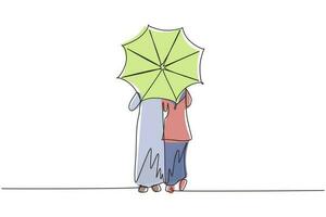 dessin d'une seule ligne vue arrière jeune couple arabe homme femme, fille et garçon marchant tenant un parapluie sous la pluie. couple romantique par temps d'automne pluvieux. vecteur graphique de conception de dessin en ligne continue