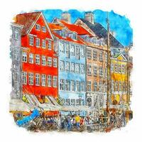 copenhague danemark croquis aquarelle illustration dessinée à la main vecteur