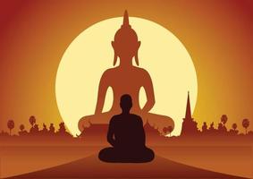 Moine méditant par la statue de Bouddha au coucher du soleil vecteur
