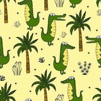 modèle sans couture avec un crocodile vert mignon avec des palmiers et des herbes. illustration vectorielle pour l'impression sur tissu, papier d'emballage, papier peint. fond d'enfants mignons. vecteur