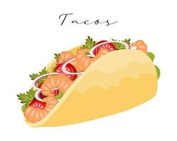 tacos aux crevettes et légumes, cuisine latino-américaine. cuisine nationale du mexique. illustration de nourriture, vecteur