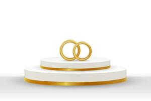 blanc et d'or podium avec or mariage anneaux sur une blanc Contexte. 3d illustration, mariage conception, vecteur