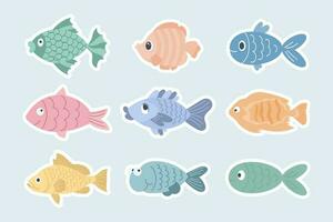 collection de coloré autocollants avec mignonne poisson. Icônes dans dessin animé style pour enfants, vecteur