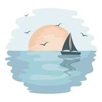 le coucher du soleil sur une tropical mer avec une yacht et mouettes sur une aquarelle Contexte. illustration, icône, vecteur