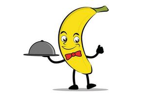 banane dessin animé mascotte ou personnage comme une serveuse en portant une portion assiette vecteur