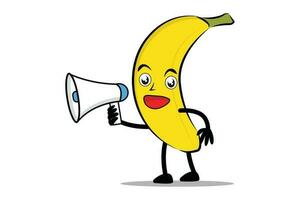 banane dessin animé mascotte ou personnage en portant une haut-parleur et à propos à faire un annonce vecteur