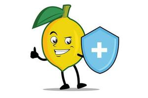 citron dessin animé mascotte ou personnage comme une santé ouvrier qui détient une santé protection bouclier vecteur