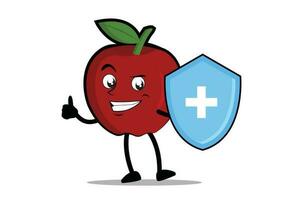 Pomme dessin animé mascotte ou personnage comme une santé ouvrier qui détient une santé protection bouclier vecteur