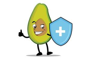 Avocat dessin animé mascotte ou personnage comme une santé ouvrier qui détient une santé protection bouclier vecteur