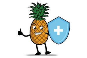 ananas dessin animé mascotte ou personnage comme une santé ouvrier qui détient une santé protection bouclier vecteur