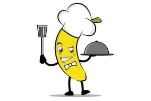 banane dessin animé mascotte ou personnage comme une chef en portant le spatule et portion assiette vecteur