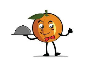 Orange dessin animé mascotte ou personnage comme une serveuse en portant une portion assiette vecteur