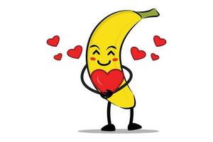 banane dessin animé mascotte ou personnage étreindre une cœur plein de l'amour vecteur