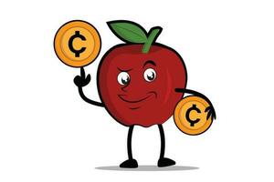 Pomme dessin animé mascotte ou personnage en portant crypto pièces de monnaie, numérique pièces de monnaie ou numérique argent vecteur