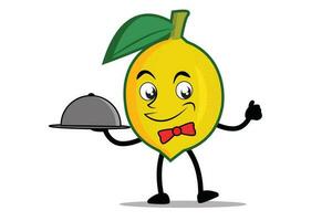 citron dessin animé mascotte ou personnage comme une serveuse en portant une portion assiette vecteur