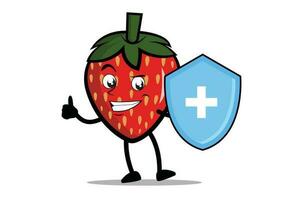 fraise dessin animé mascotte ou personnage comme une santé ouvrier qui détient une santé protection bouclier vecteur