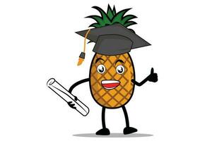 ananas dessin animé mascotte ou personnage en portant une diplôme et portant une toge dans l'obtention du diplôme vecteur