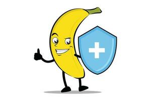 banane dessin animé mascotte ou personnage comme une santé ouvrier qui détient une santé protection bouclier vecteur