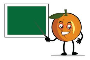 Orange dessin animé mascotte ou personnage comme une prof et enseignement en utilisant une tableau noir vecteur