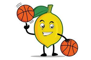 citron dessin animé mascotte ou personnage pièces basketball et devient le mascotte pour le sien basketball équipe vecteur