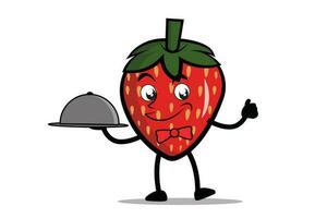 fraise dessin animé mascotte ou personnage comme une serveuse en portant une portion assiette vecteur