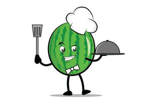 pastèque dessin animé mascotte ou personnage comme une chef en portant le spatule et portion assiette vecteur