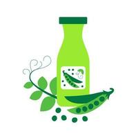 bouteille de pois Lait avec tampons et feuilles. plante basé végétalien boisson concept. laitier gratuit et non lactose boisson. vecteur plat illustration.