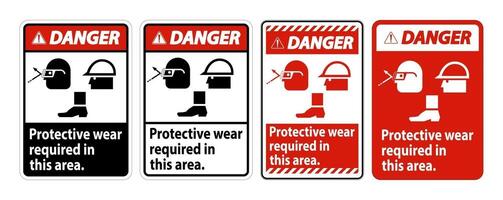 Des vêtements de protection des signes de danger sont nécessaires dans ce domaine avec des lunettes de protection et des symboles de bottes sur fond blanc vecteur