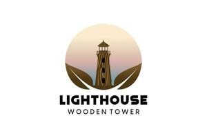 phare logo conception avec en bois bâtiment concept vecteur